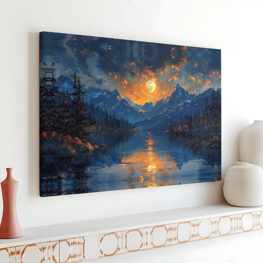 Mountain Lake Wall Art | Moody Night Landscape With Full Moon | Gallery Wrap Canvas | Nature Inspired Home Decor Gift