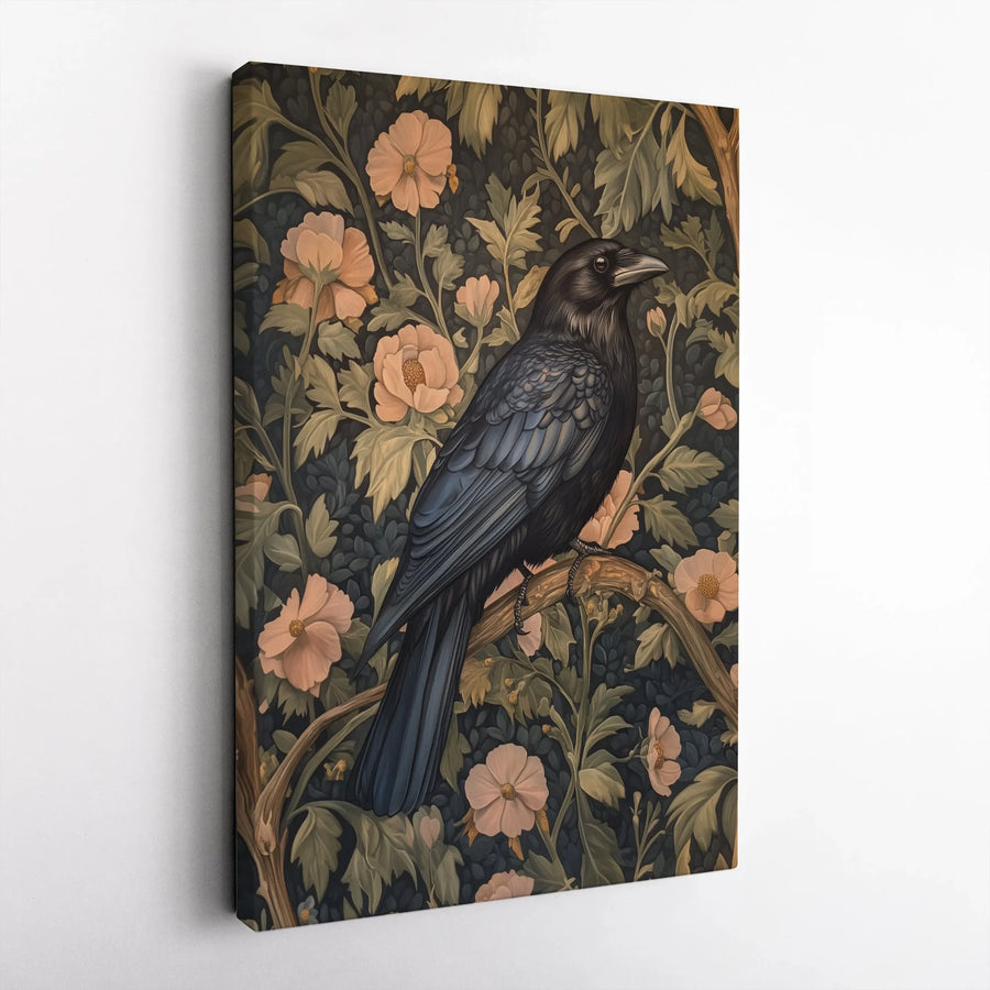 Dark Academia Raven Canvas | Vintage Floral Bird Wall Art | 1.25 Inch Gallery Wrap | Gothic Home Office Decor Gift