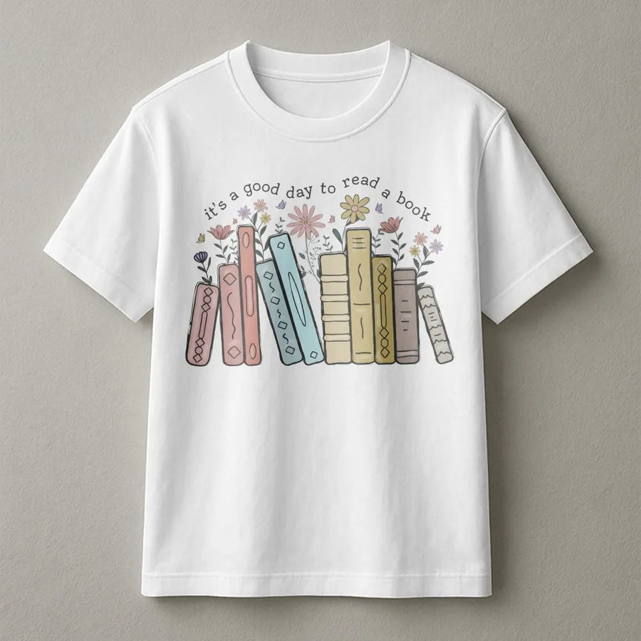 It's A Good Day To Read A Book T-Shirt | Floral Bookshelf Graphic Tee | 100% Cotton Premium Quality | Librarian Teacher Gift Idea