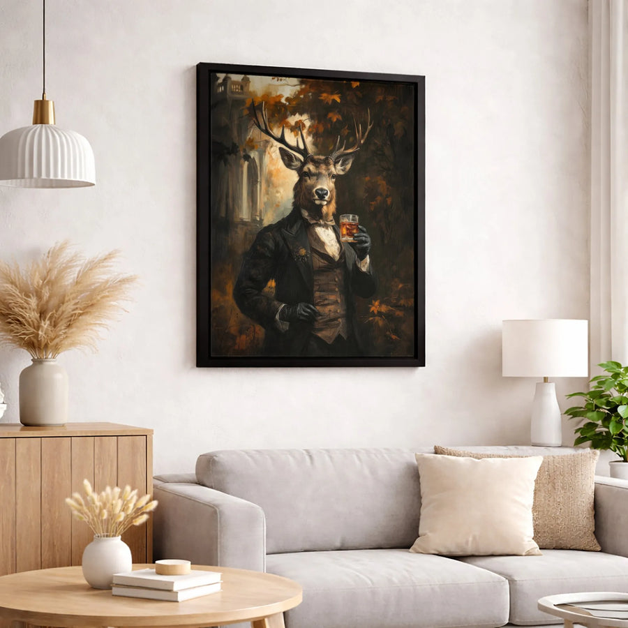 Distinguished Stag Portrait Canvas | Gentleman Deer Drinking Whiskey | Premium Gallery-Wrapped Wall Art | Sophisticated Home Office Decor Gift