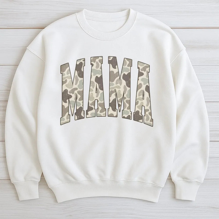 Mama Camo Sweatshirt | Duck Hunting Camouflage Lettering | Soft Cotton-Poly Pullover | Mothers Day Gift for Outdoorsy Mom
