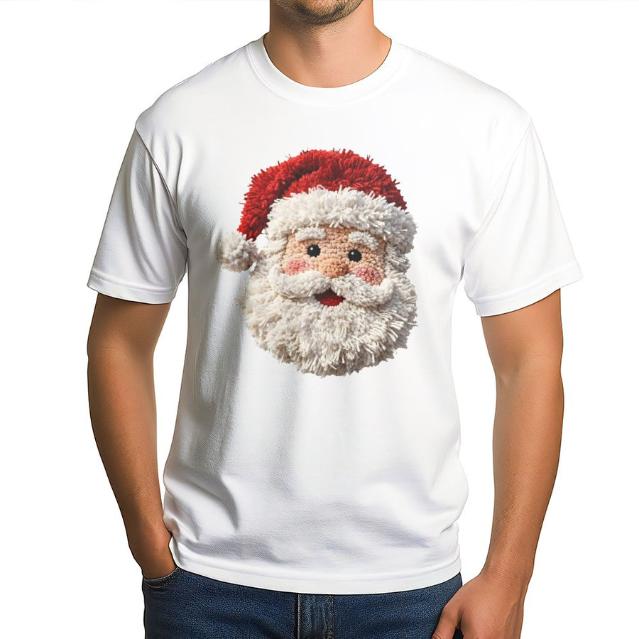 Punch Needle Santa Graphic T-Shirt | Textured Yarn Look Christmas Design | Premium Soft Cotton Tee | Festive Holiday Gift for Women and Men