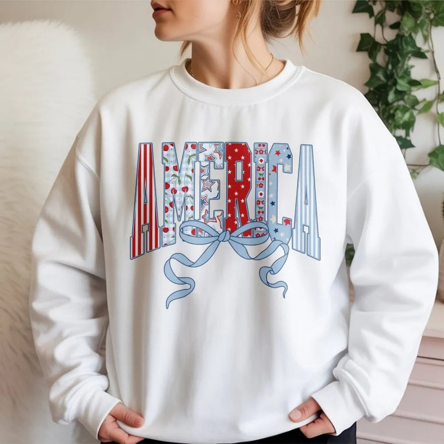 Coquette America Sweatshirt | Retro USA Flag Bow Graphic | Soft Cotton Blend Sweatshirt | Patriotic 4th of July Gift for Women