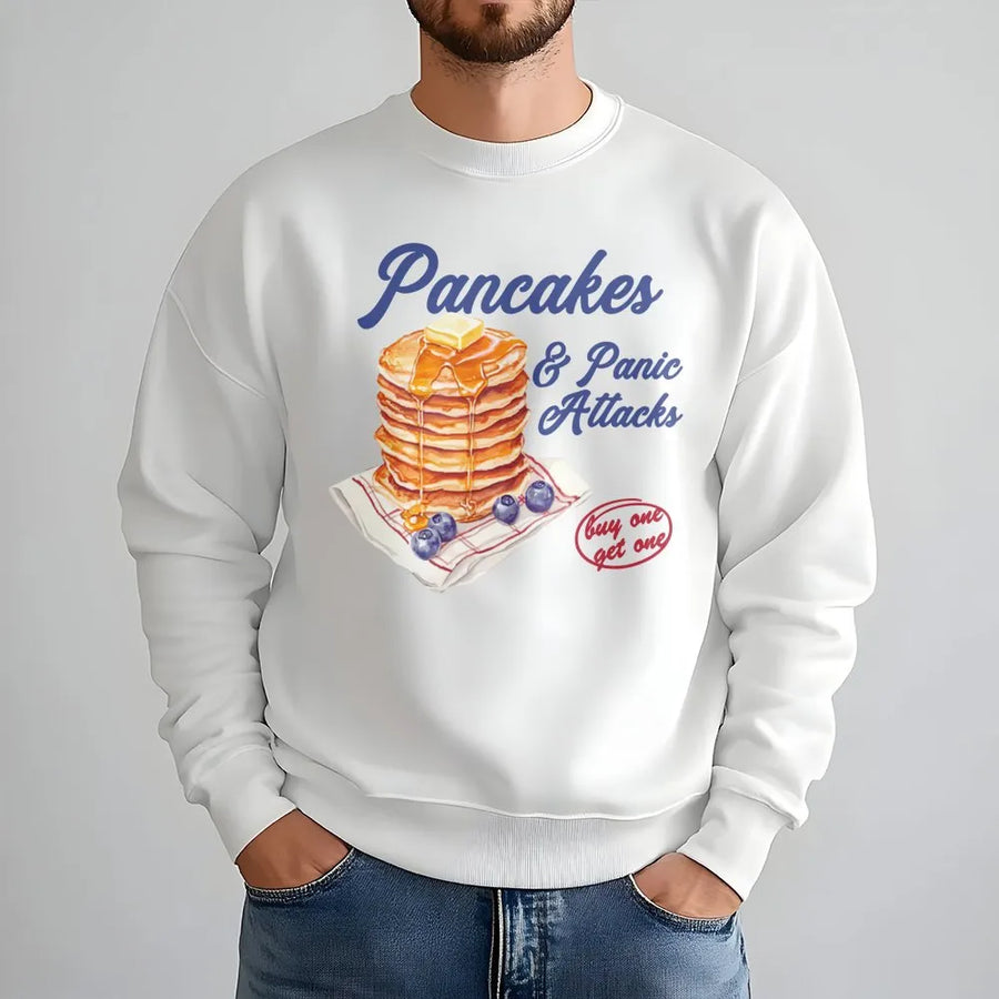 Pancakes and Panic Attacks Sweatshirt | Funny Breakfast Food Quote | Premium Cotton Blend Crewneck | Trendy Mental Health Gift for Women