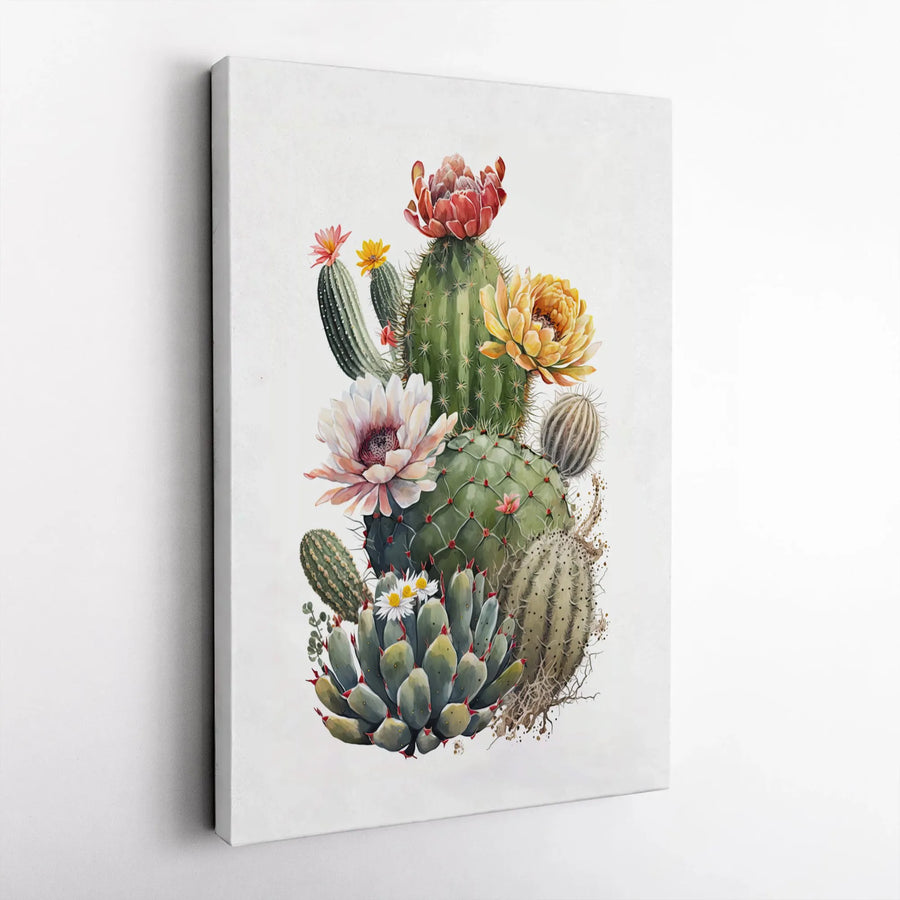 Watercolor Cactus Wall Art | Blooming Succulent Bouquet Botanical Print | Premium Gallery Wrapped Canvas | Desert Home Decor Gift