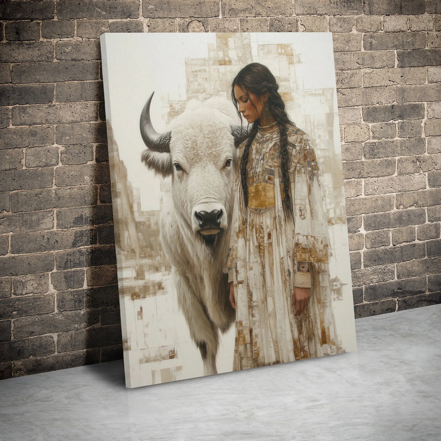 Native American Woman and White Buffalo Canvas | Spiritual Wildlife Wall Art | Premium Gallery Wrap | Western Home Decor for Living Room