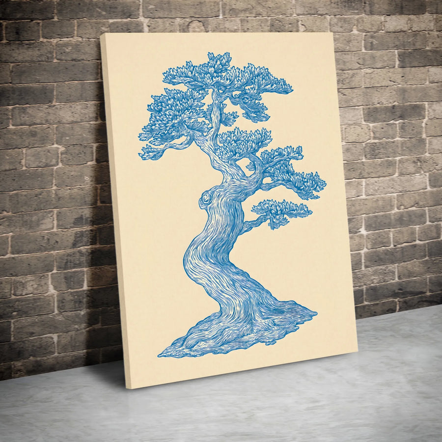 Japanese Bonsai Tree Canvas Print | Blue Linocut Style Wall Art | Premium Gallery-Wrapped Gallery Quality | Minimalist Home Decor Gift