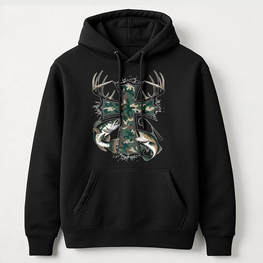 Camo Cross Hoodie | Deer Antler and Bass Fishing Graphic | Premium Cotton Blend | Gift for Outdoorsmen and Sportsmen