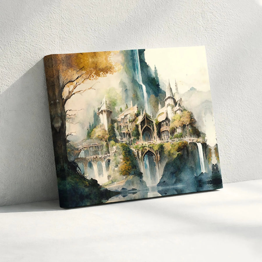 Fantasy Elven City Canvas | Watercolor Waterfall Castle Wall Art | Premium Gallery Wrapped Print | Enchanted Forest Home Decor Gift