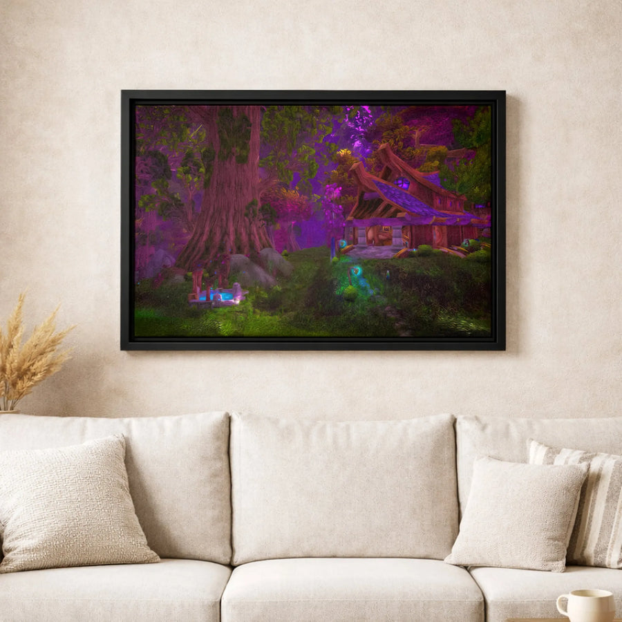 Enchanted Forest Canvas Wall Art | Glowing Cottage Fantasy Landscape | Premium Framed Gallery Print | Magical Home Decor Gift for Fantasy Lovers