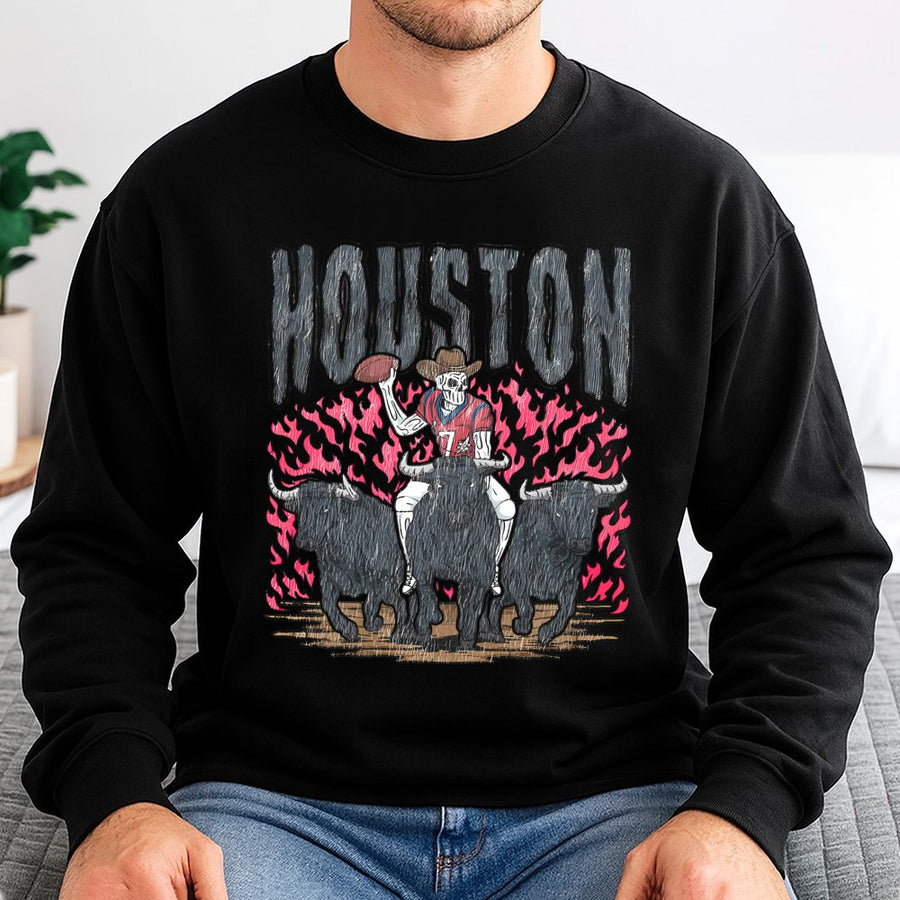 Houston With A Skeleton Cowboy Wearing A Houston Texans Football Uniform, Riding Bulls With Flames Sweatshirt