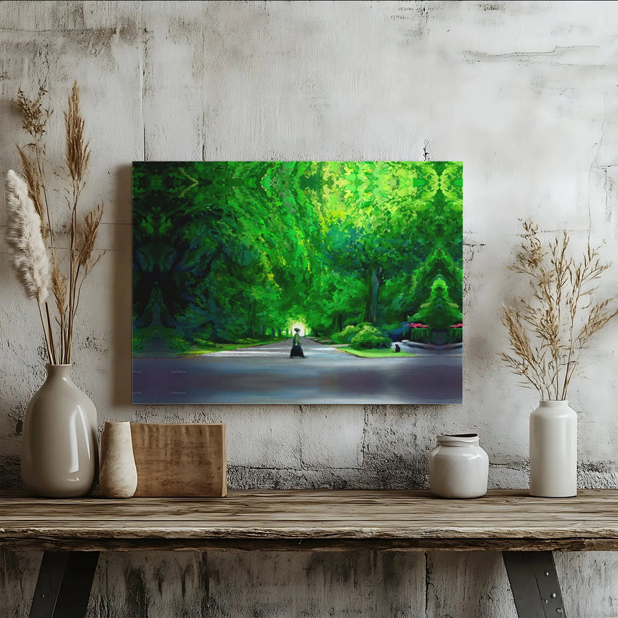 Forest Path Wall Art | Sunlit Tree Walkway with Black Cat | Premium Stretched Gallery Canvas | Nature Lover Home Decor Gift