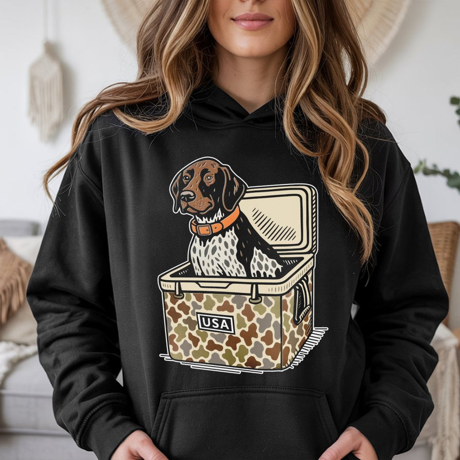 German Shorthaired Pointer Hoodie | GSP Hunting Dog In Camo Cooler Graphic | Premium Cotton Blend | Gift For Outdoorsman Dog Lovers