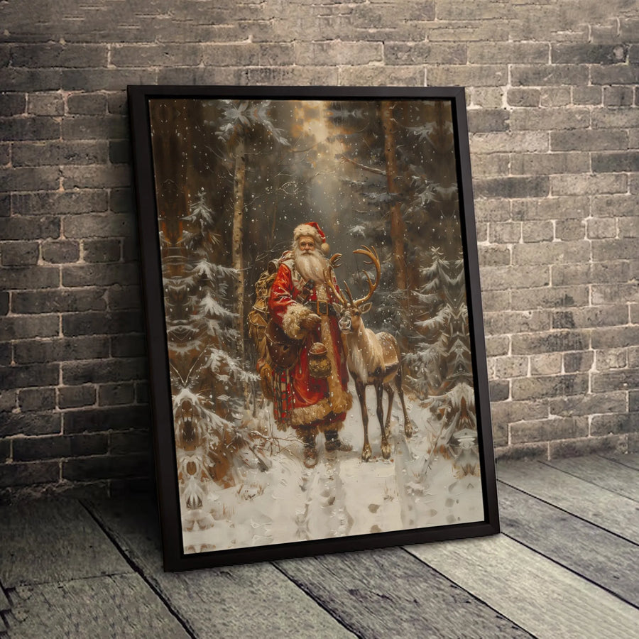 Vintage Santa Claus Wall Art | Snowy Forest Reindeer Print | Premium 1.25-Inch Gallery Canvas | Christmas Home Decor Gift