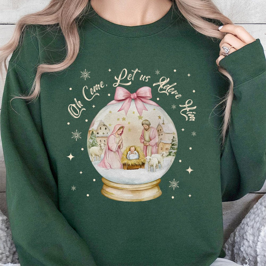 Oh Come Let Us Adore Him Sweatshirt | Nativity Snow Globe Graphic | Premium Cotton Blend | Religious Christmas Gift for Women