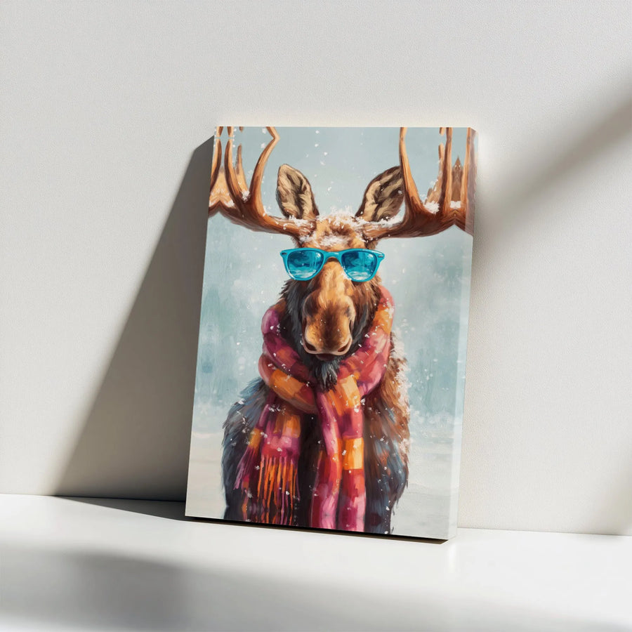 Moose Canvas Wall Art | Whimsical Winter Animal in Sunglasses | Premium Gallery Wrap Decor | Fun Modern Home & Office Gift
