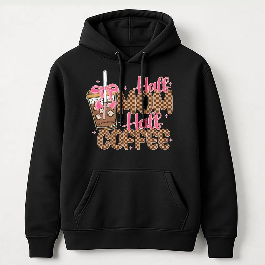 Half Mom Half Coffee Hoodie | Retro Checkered Graphic with Coquette Bow | Premium Soft Cotton Blend | Funny Coffee Lover Gift for Mom