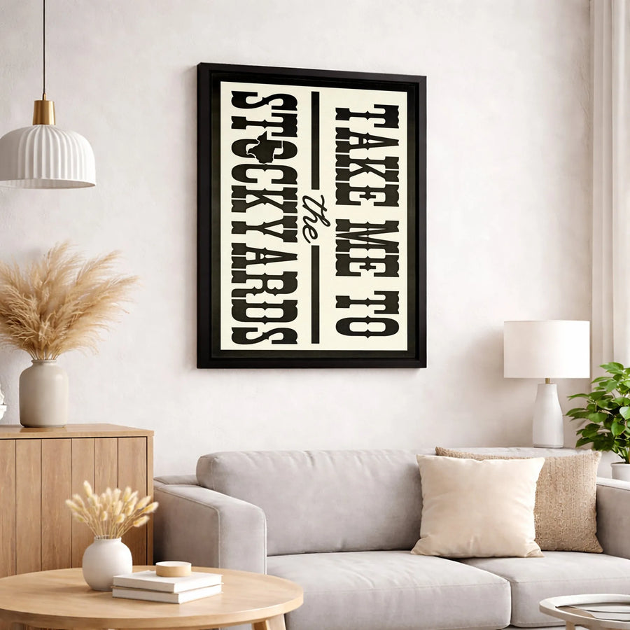 Take Me To The Stockyards Canvas Art | Western Bull Head Typography Wall Decor | Premium 1.25 Inch Gallery Wrap | Rustic Farmhouse Home Gift