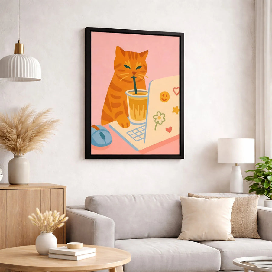 Orange Tabby Cat Wall Art | Cute Kawaii Laptop Illustration | Premium Fade-Resistant Canvas | Whimsical Home Decor Gift for Cat Lovers