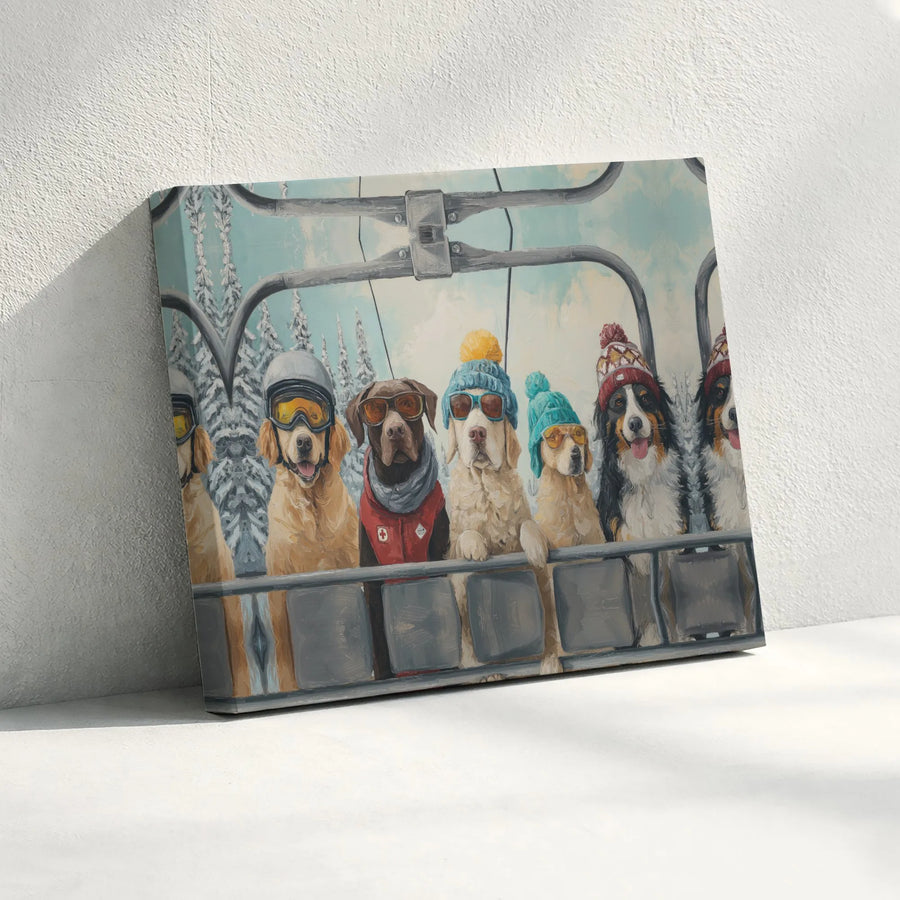Skiing Dogs Canvas Wall Art | Funny Winter Pets in Goggles and Hats | Gallery Quality 1.25" Profile | Whimsical Mountain Home Decor