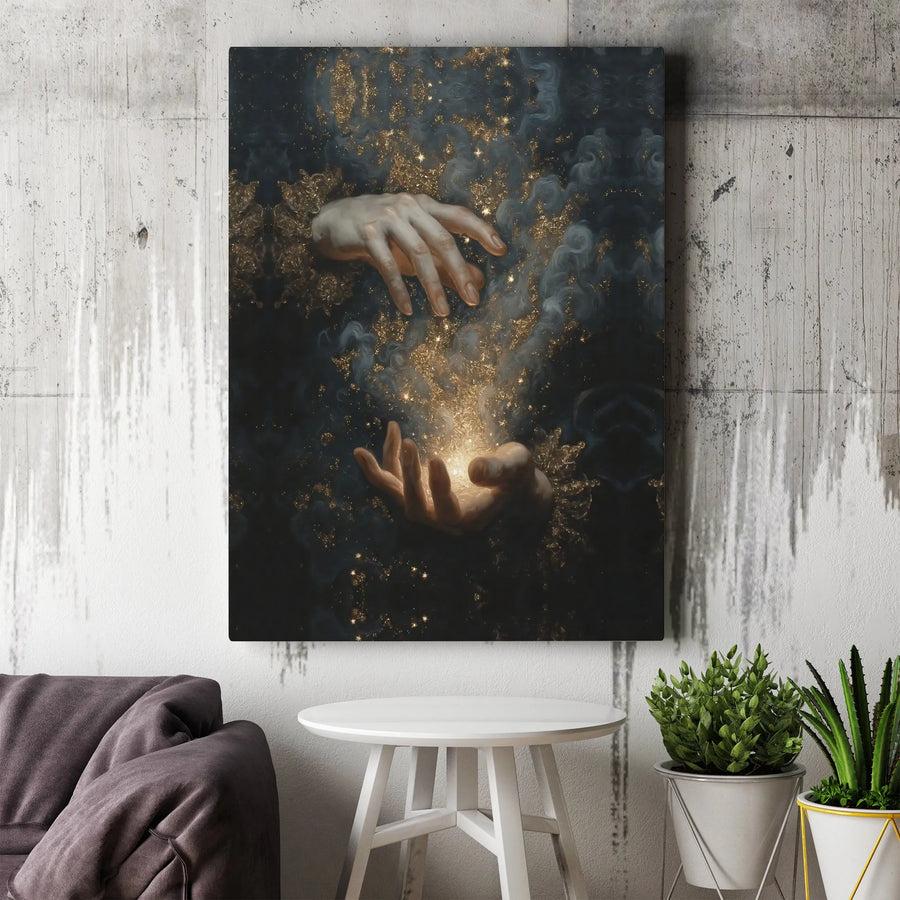 Mystical Hands Canvas Wall Art | Cosmic Stardust & Divine Light | Premium High-Resolution Print | Spiritual Decor Collector Gift
