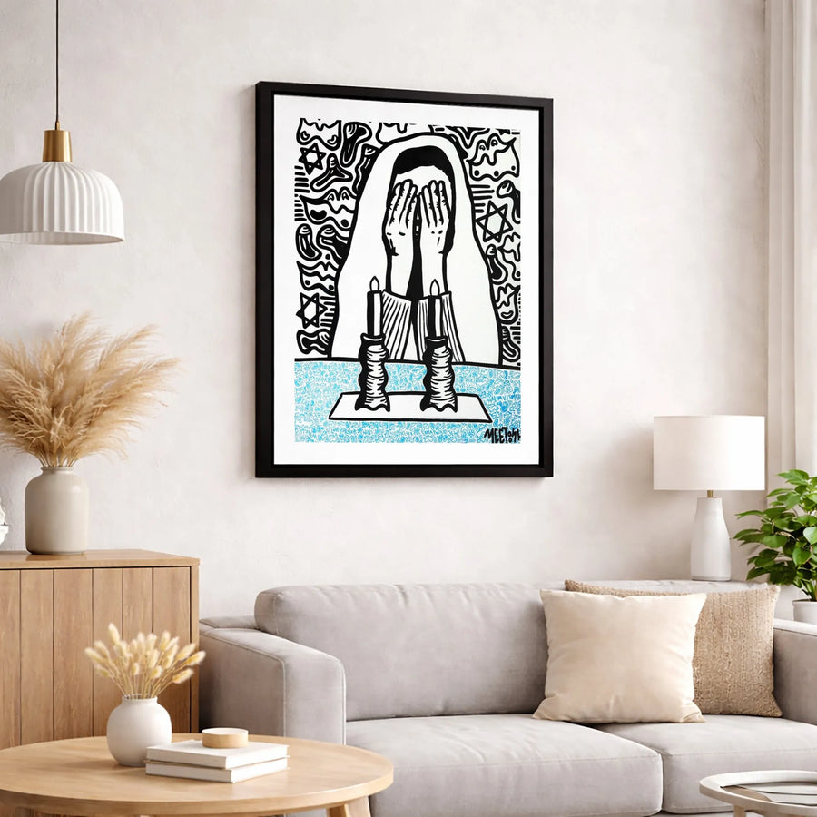 Shabbat Candles Canvas Art | Woman Praying Jewish Ritual Illustration | Premium Gallery Wrap Print | Judaica Home Decor Gift