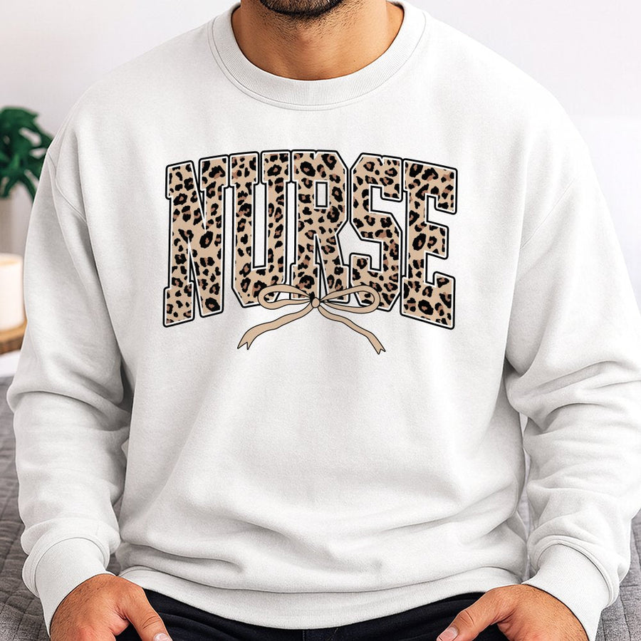 Nurse Sweatshirt | Leopard Print Nurse Design with Coquette Bow | Premium Cotton Blend Crewneck | Gift for Nursing Student or RN Graduation