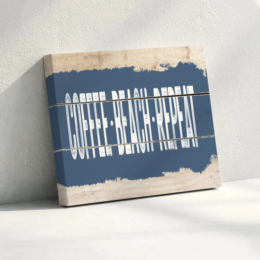 Coffee Beach Repeat Horizontal Canvas | Rustic Coastal Faux Wood Blue Sign Print | Premium 1.25" Stretched Frame Wall Art | Beach House Decor & Kitchen Gift