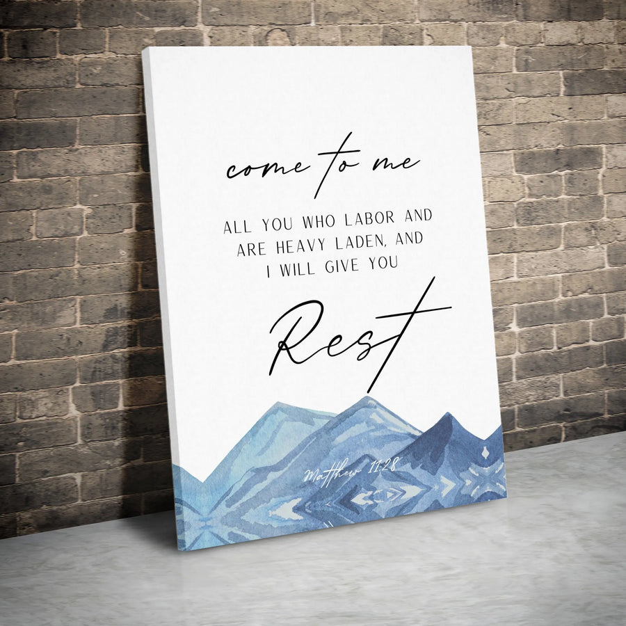 Christian Scripture Canvas | Matthew 11:28 'I Will Give You Rest' Bible Verse Art | Watercolor Mountain Design | Premium Christian Gift