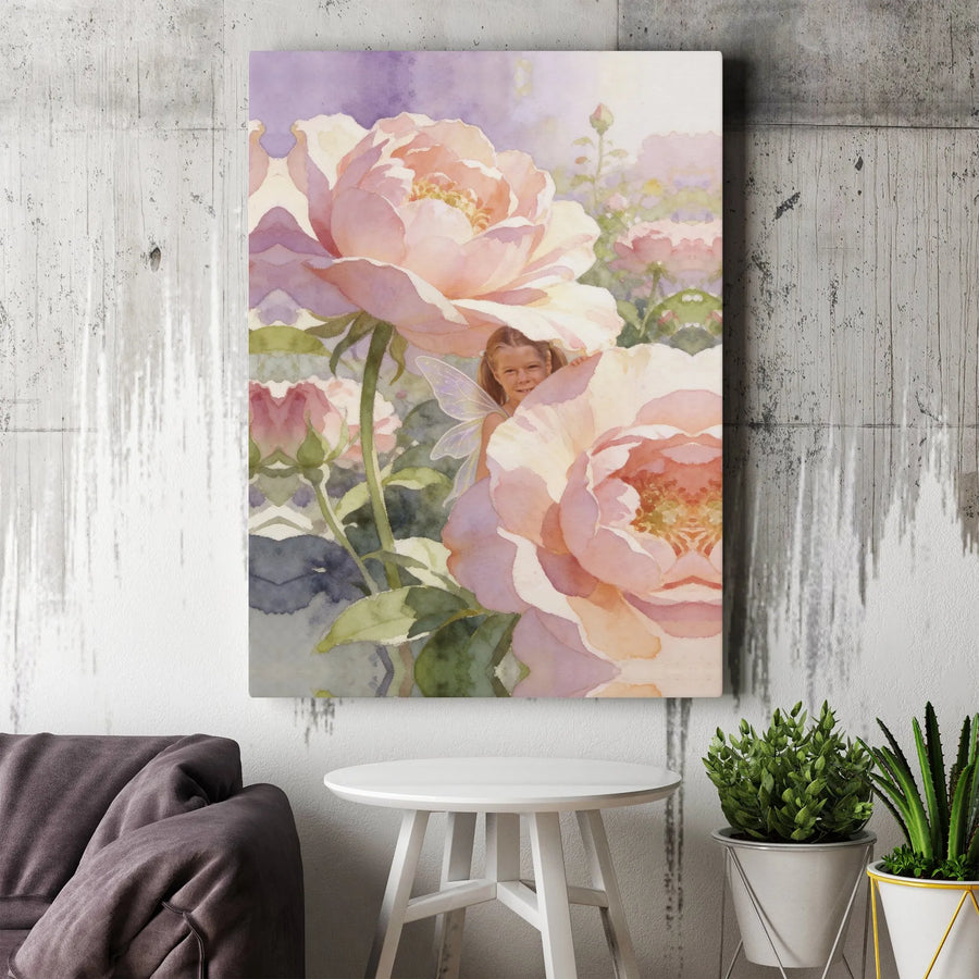 Fairy Garden Canvas Wall Art | Whimsical Watercolor Peony Painting | Premium Gallery Wrapped Canvas | Nursery Decor Gift for Girls