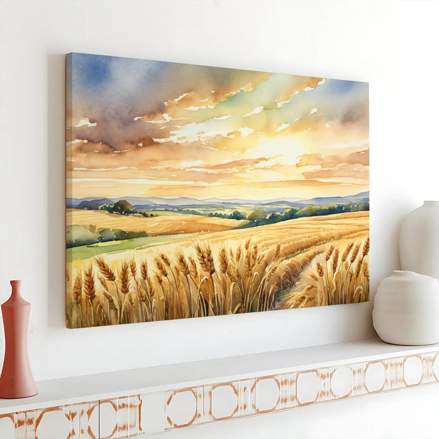 Golden Wheat Field Canvas Print | Watercolor Sunset Farmhouse Wall Art | Premium Gallery Wrap Decor | Farmhouse Aesthetic Gift for Living Room