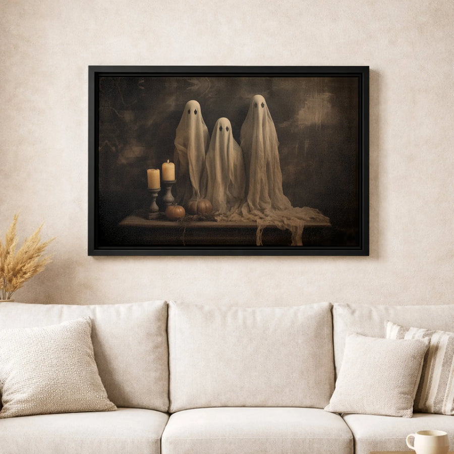 Spooky Ghost Canvas Wall Art | Vintage Halloween Aesthetic with Pumpkins and Candles | Gallery-Wrapped Premium Print | Spooky Home Decor Gift