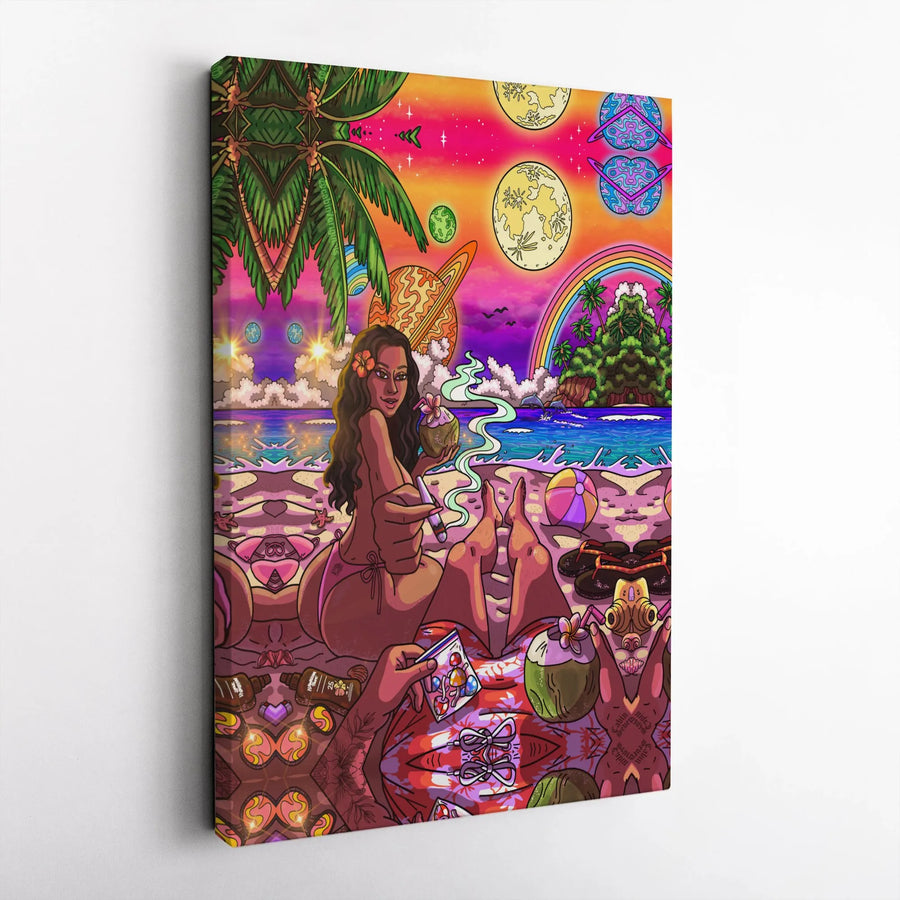 Psychedelic Stoner Art Canvas | Vibrant Cosmic Beach Illustration | Premium Gallery Wrapped Canvas | Trippy Room Decor Gift