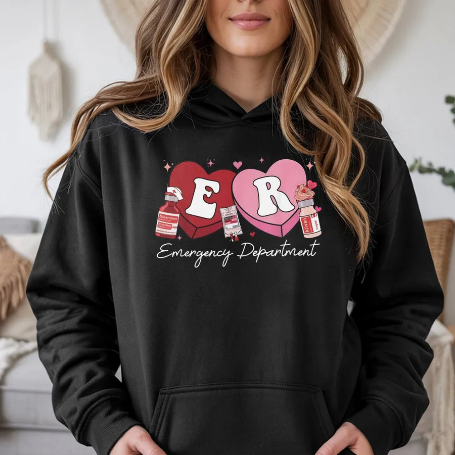 ER Nurse Hoodie | Candy Heart Medical Design | Premium Cotton Blend | Valentine's Day Gift for Emergency Department Nurses