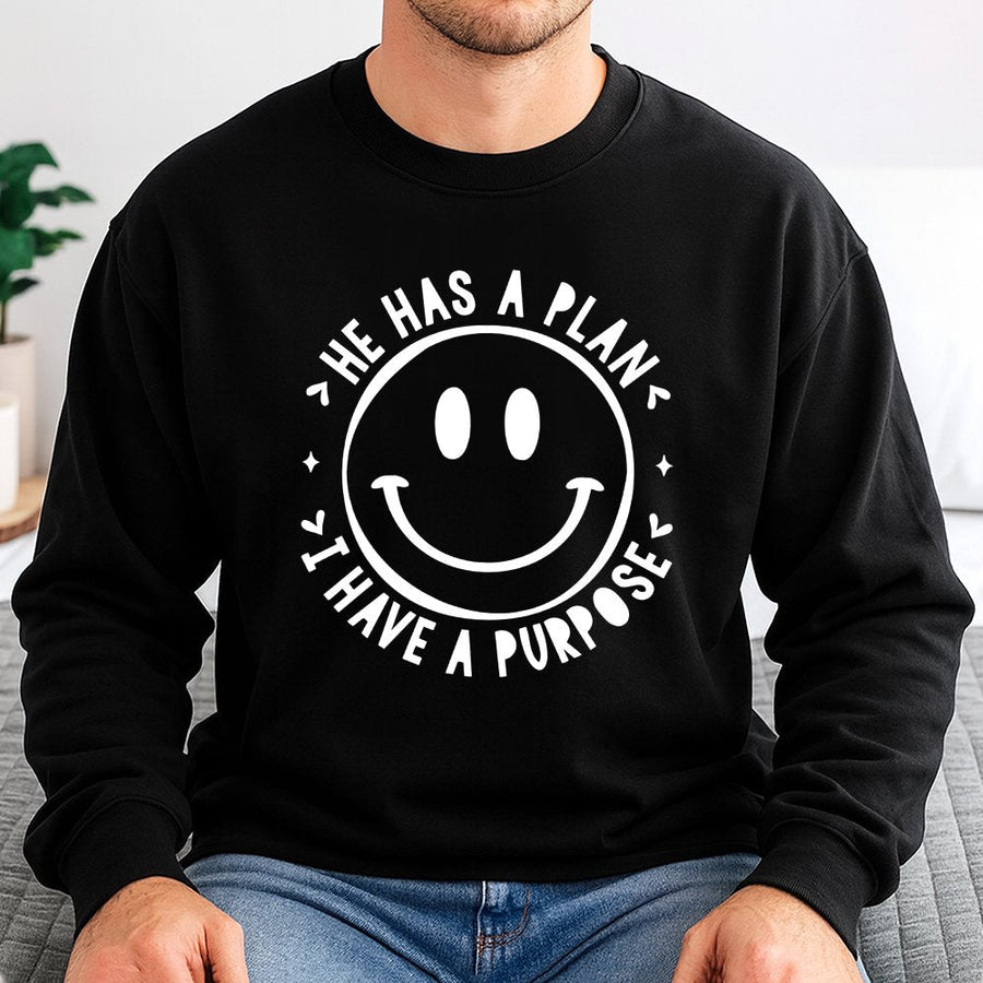 He Has A Plan I Have A Purpose Sweatshirt | Christian Faith Smiley Face Graphic | Soft Cotton Blend Unisex Pullover | Religious Gift For Her Him