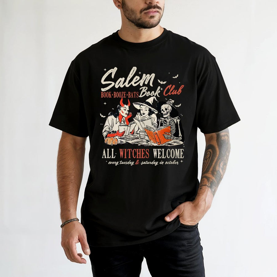 Salem Book Club T-Shirt | Retro Halloween Witchy Aesthetic Graphic | 100% Cotton Premium Tee | Spooky Reader Gift for Book Lovers