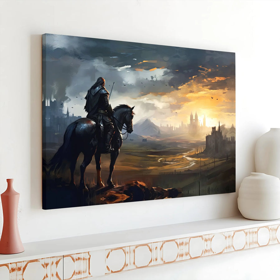 Fantasy Knight Canvas Wall Art | Epic Warrior Overlooking Kingdom | Premium Matte Print | Collector's Gift for Gamer, Game Room Decor