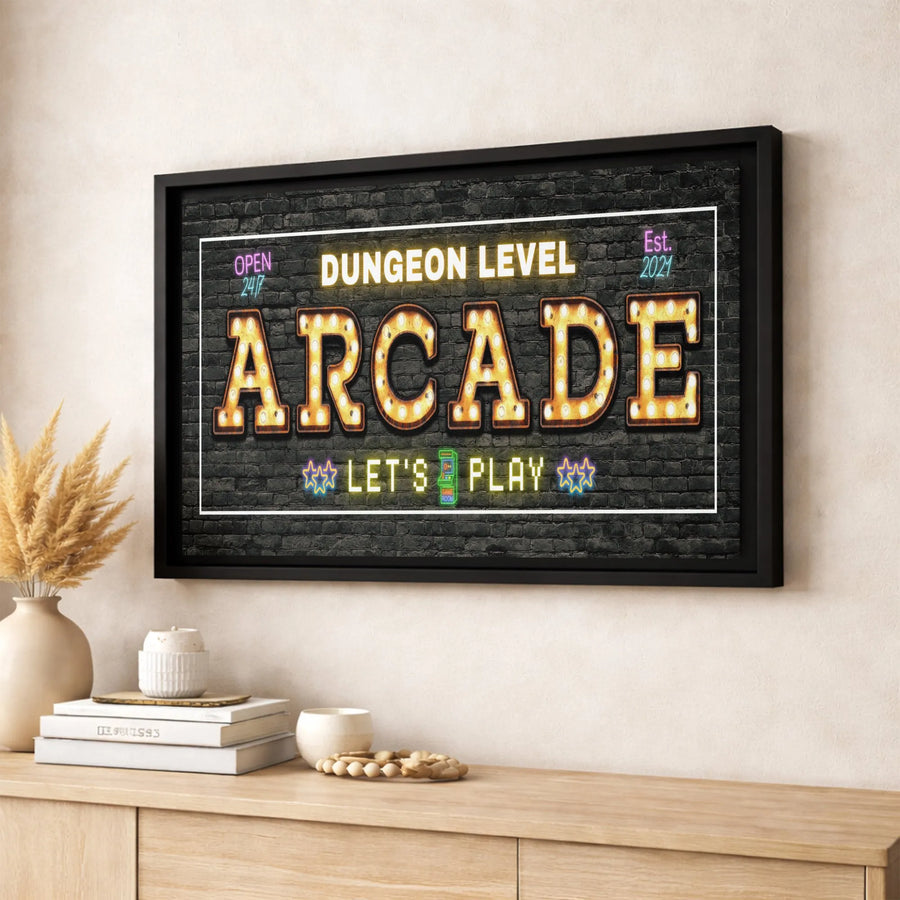 Arcade Wall Art Canvas | Retro Marquee Neon Game Room Sign | Premium Gallery Wrap Decor | Gift for Gamers & Man Cave Decor