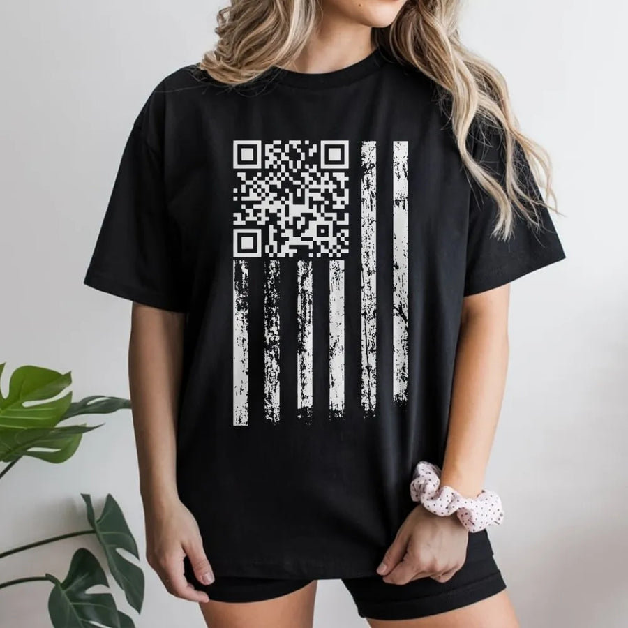 USA Flag QR Code T-Shirt | Distressed American Flag Graphic | Premium Cotton Unisex Tee | Funny Patriotic Gift for Election Supporters