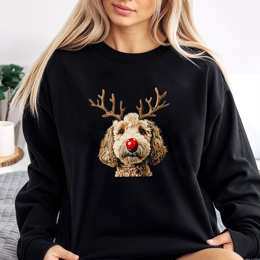 Goldendoodle Christmas Sweatshirt | Reindeer Antlers Dog Design | Premium Cotton Blend Crewneck | Cute Holiday Gift for Doodle Mom & Dog Lovers