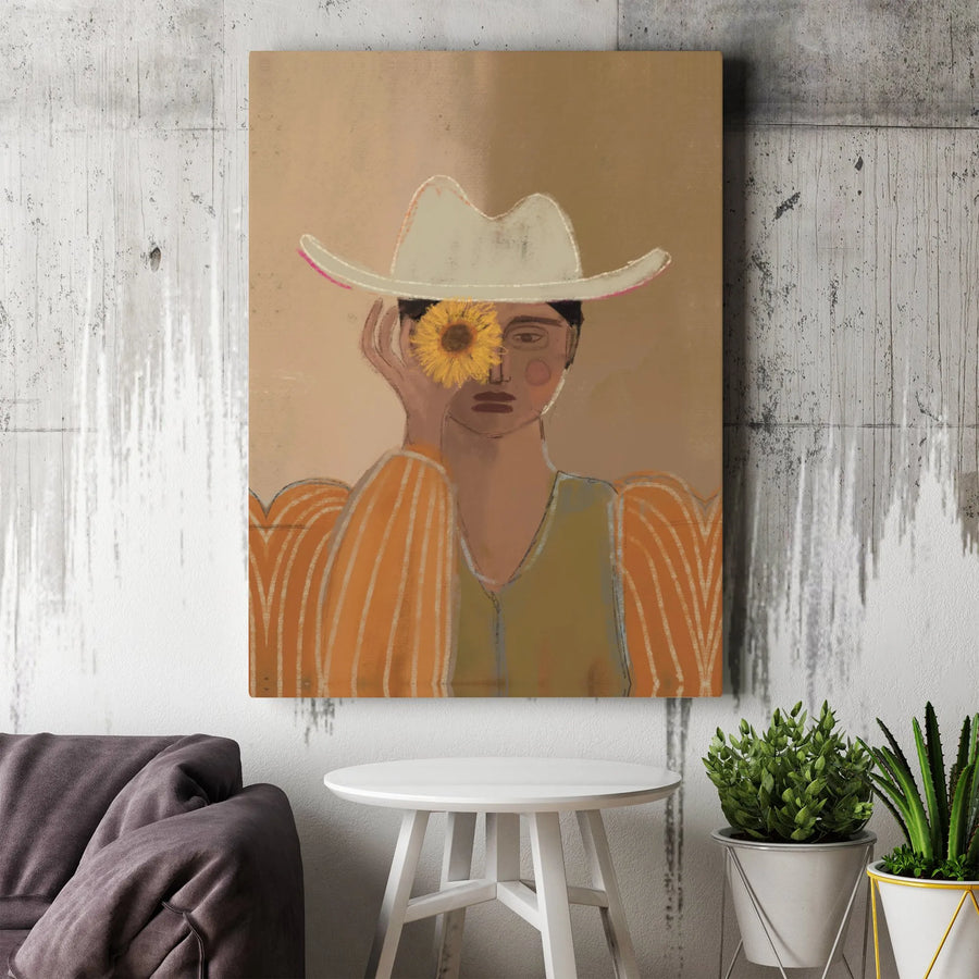 Boho Western Wall Art | Sunflower Cowgirl Portrait | Premium Frameless Canvas | Abstract Home Decor Gift
