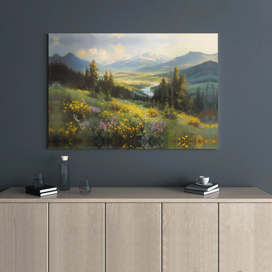 Mountain Valley Landscape Canvas Art | Wildflower River Meadow Wall Decor | Premium 1.25" Gallery Wrap | Nature Lover Home Gift