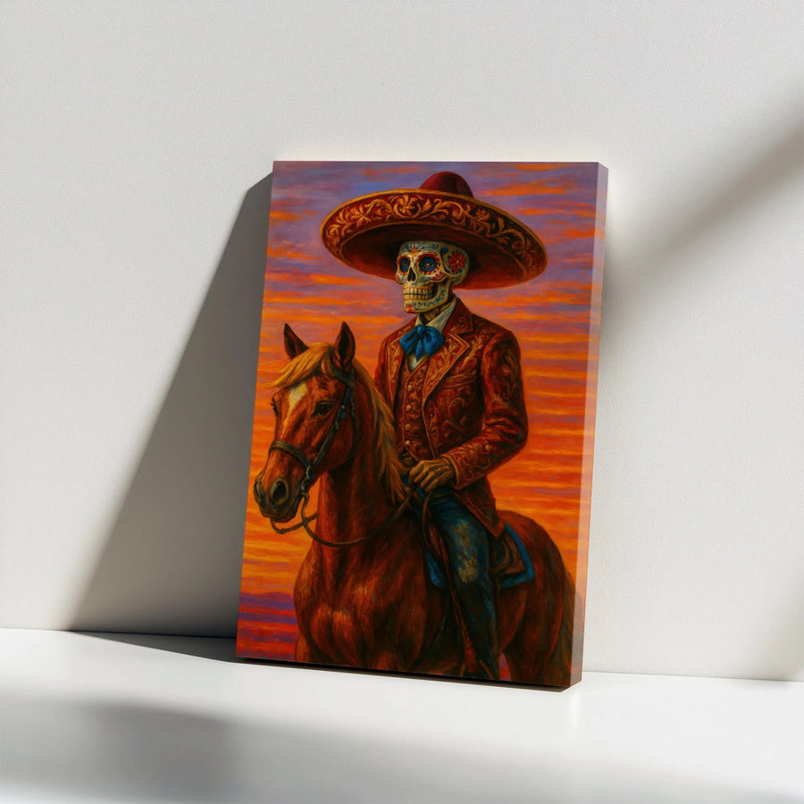 Day of the Dead Canvas Wall Art | Sugar Skull Mariachi Horse Rider | Gallery Wrap Premium Print | Mexican Culture Home Decor Gift