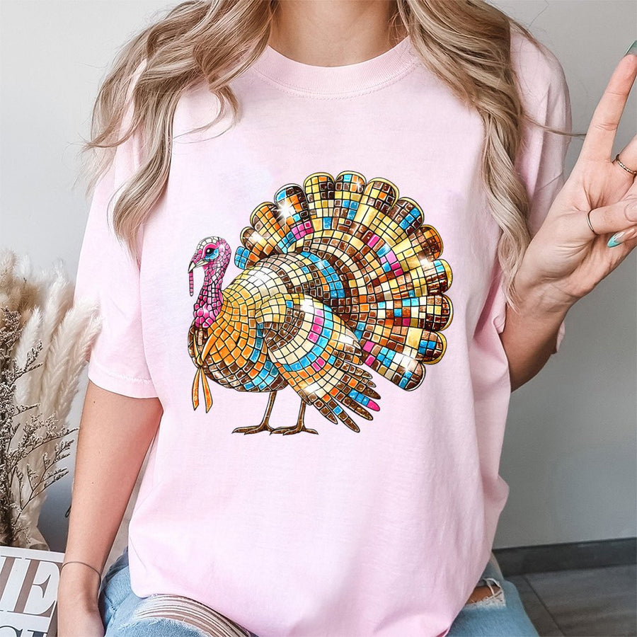 Disco Ball Turkey T-Shirt | Mosaic Pattern Thanksgiving Graphic | Premium 100% Cotton Tee | Trendy Fall Holiday Gift for Women