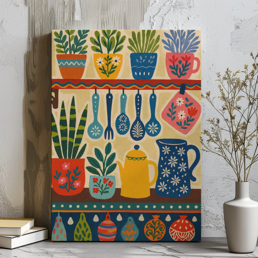 Folk Art Kitchen Canvas Print | Colorful Botanical Decor | Premium 1.25 Inch Gallery Wrap | Charming Housewarming Gift For Plant Lovers