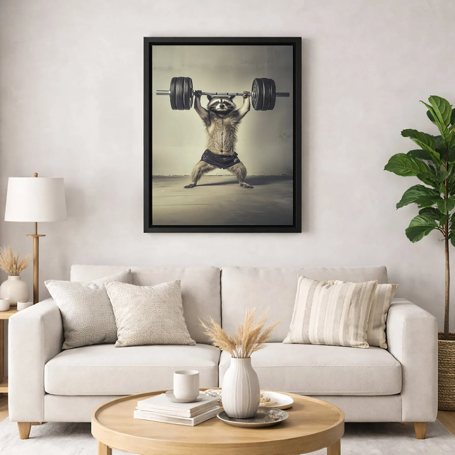 Weightlifting Raccoon Canvas Wall Art | Funny Gym Motivation Decor | Premium Gallery Wrap Print | Gift for Powerlifter or Bodybuilder