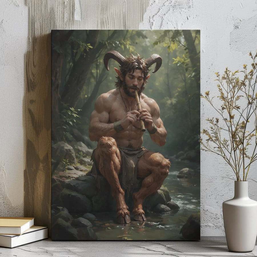 Faun Wall Art Canvas | Mythological Satyr Playing Flute | Premium Gallery Wrapped Decor | Fantasy Forest Home Gift
