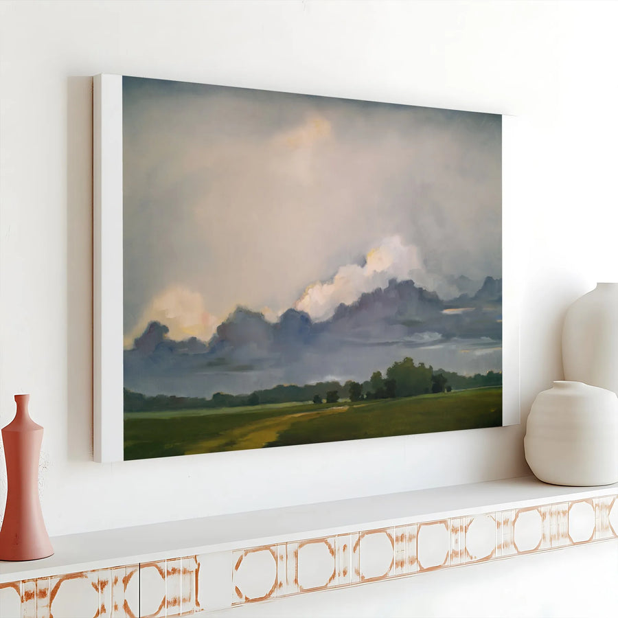 Landscape Canvas Wall Art | Traveling Light Moody Cloudscape Painting | Premium 1.25" Thick Profile Canvas | Living Room & Office Wall Decor Gift