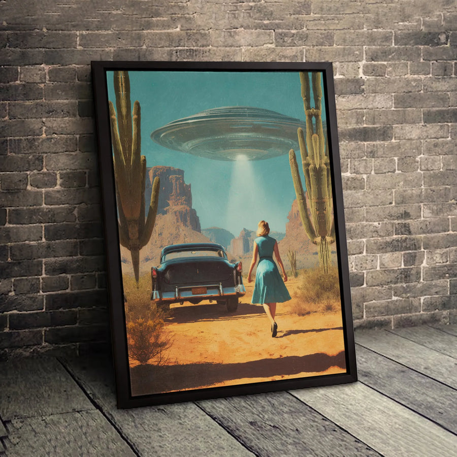 Retro Alien UFO Canvas | 1950s Desert Sci-Fi Art | Premium 1.25-Inch Gallery Wrap | Vintage Sci-Fi Wall Decor for Living Room or Office
