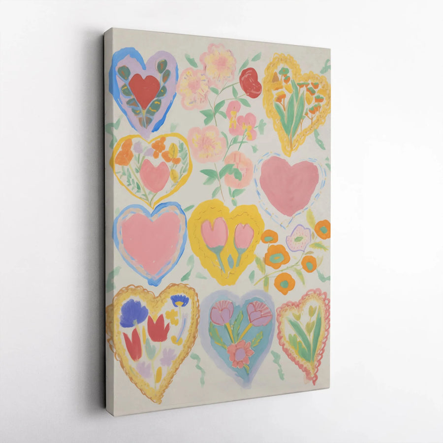 Colorful Floral Hearts Wall Art | Whimsical Watercolor Style Canvas | Premium 1.25-Inch Gallery Wrap | Cute Aesthetic Decor for Bedroom or Living Room